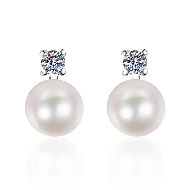 

925 Sterling Silver Pearl Stud Earrings With D VVS1 Moissanite Accent Solitaire Pearl Earrings For Women