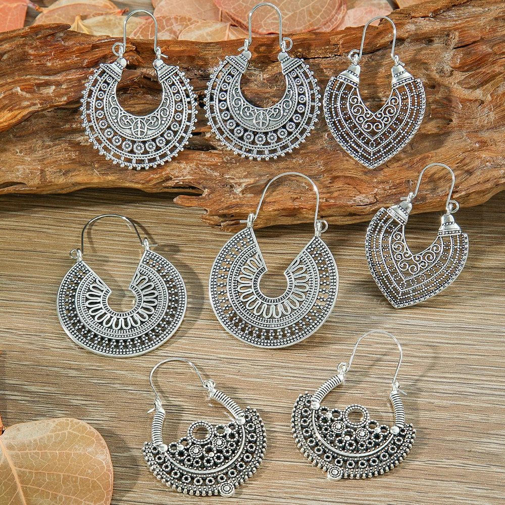 العرقية نمط بوهو طقم من الحلقان العتيقة الفضة على شكل حرف U القرط مشبك هندسية بيان الطرف الديكورات ارتداء اليومي عطلة الهدايا