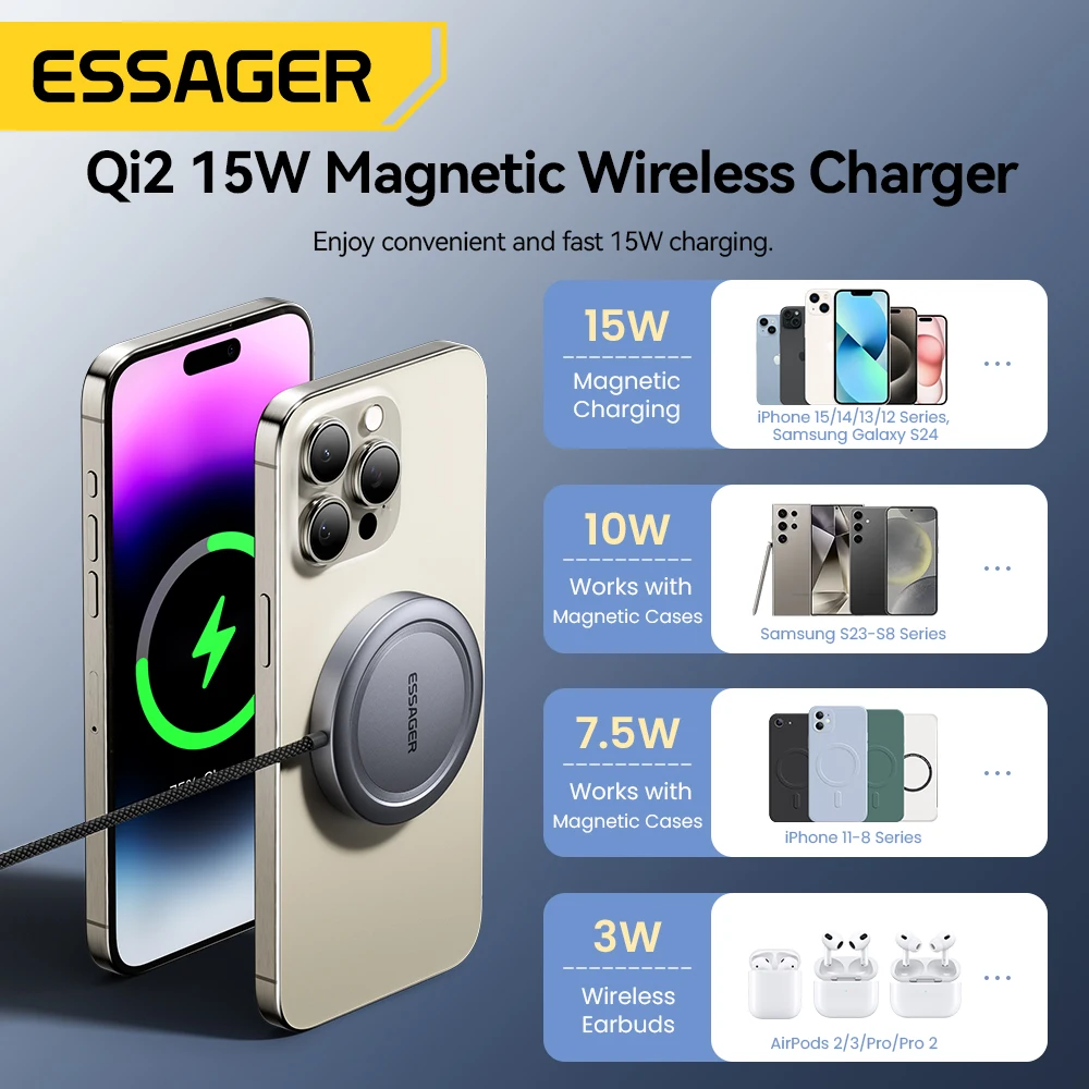 Essager-Chargeur magnétique sans fil Qi2, charge rapide, support de téléphone, iPhone 15 14 13 Pro Max, Samsung, 15W