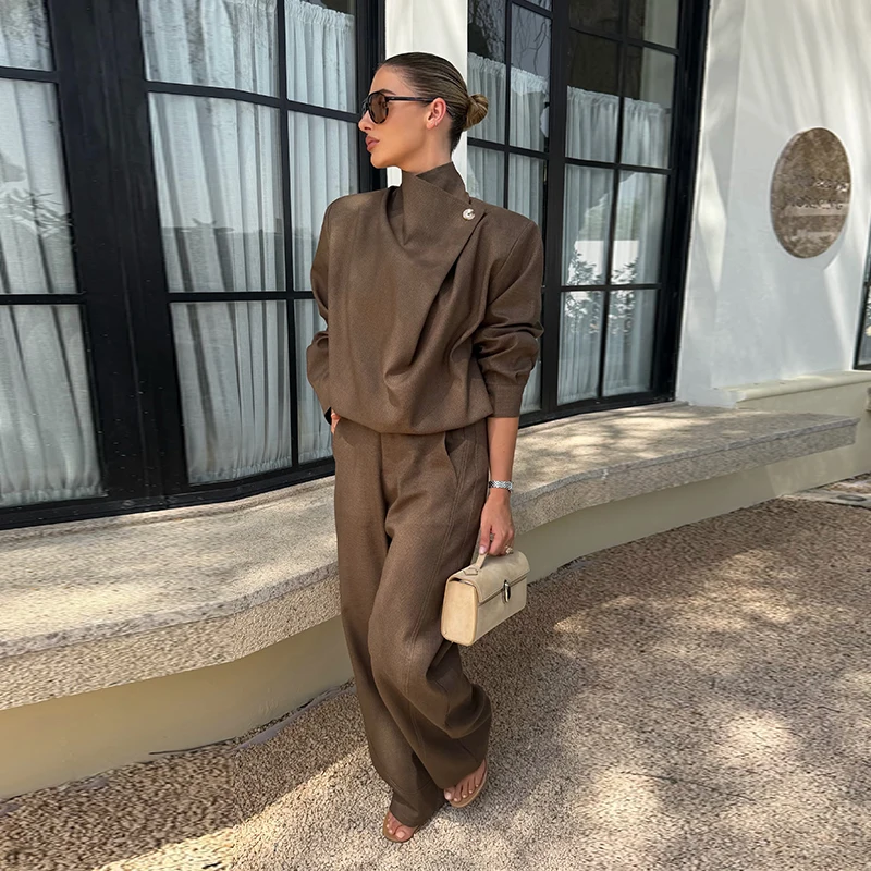 Mantel, Tube Top und Hose 3-teiliges Set für Damen, Sexy Laternenärmel-Jacke mit Reißverschluss, Gerüschte Lose Jacke, Hochgeschnittene Weite Hose, Outfit – Detail 14