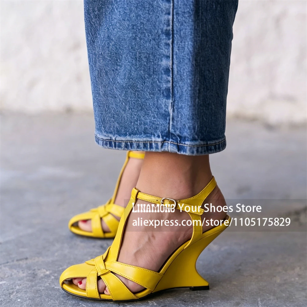 Cage Style Sculpted Wedge Heel Sandals Novelty Designer Style Strange Heel Summer Shoes Ankle Buckle Handmade Footwear for Women