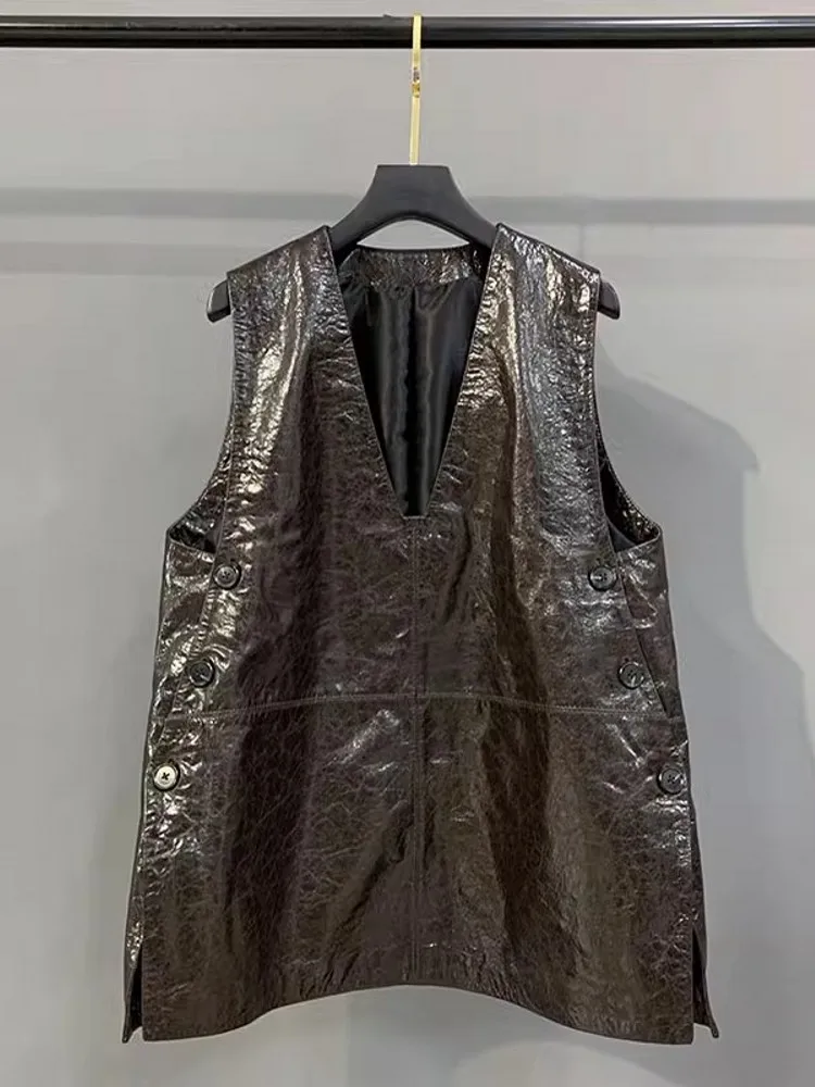 숙녀 정품 가죽 세련된 V 넥 드레스 오일 왁스 더블 브레스트 봄 가을 풀오버 패션 고품질 2025 탱크 드레스