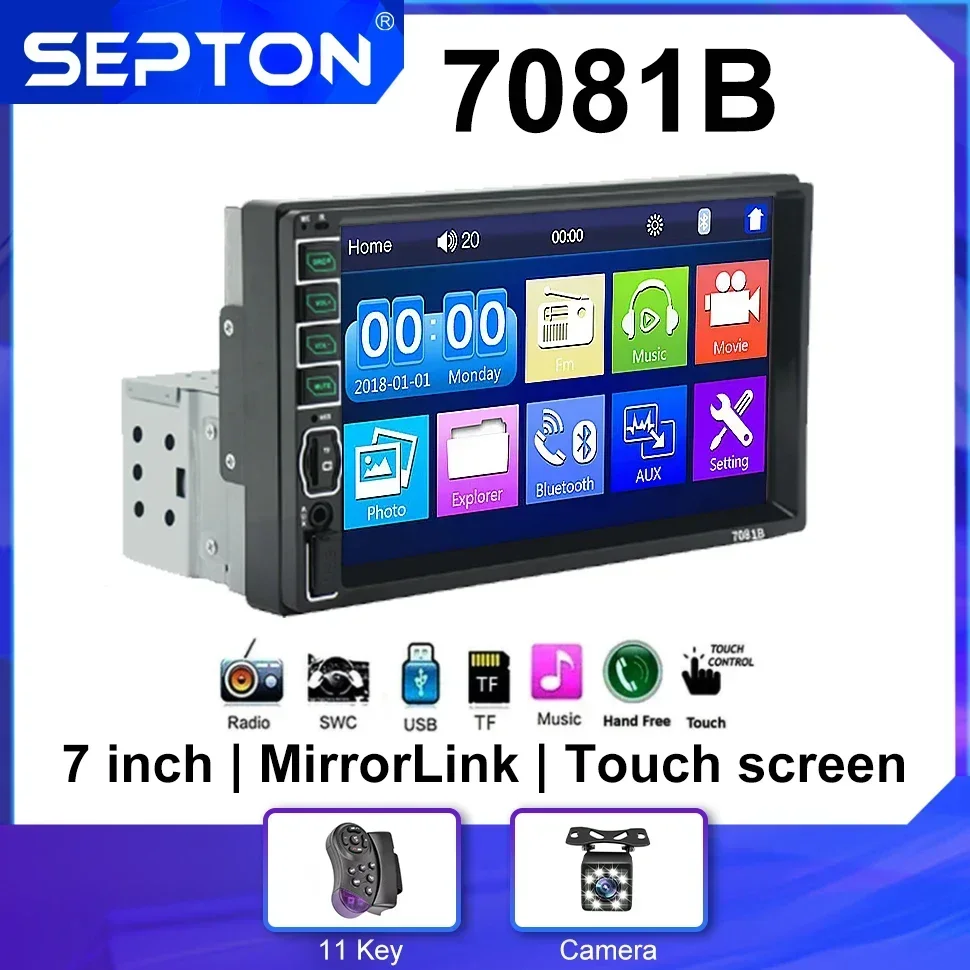 SEPTON 1 Din 7inch Car Radio MP5 Player Touch Screen Support Automotive Mirror Lin-k for Universal Car FM/BT Multimedia Player