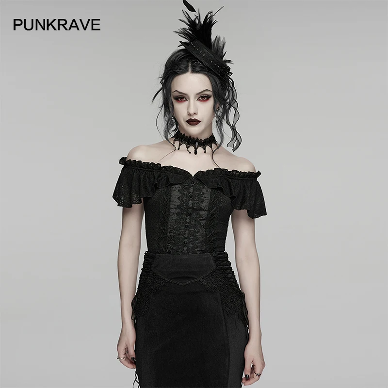

PUNK RAVE Women's Gothic Elegant Ruffle Off Shoulder Lace Jacquard T-shirt Front Symmetrical Gorgeous Atmosphere Sexy Tops
