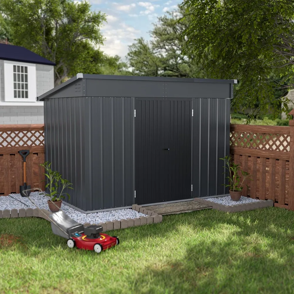 

Metal Storage Shed, 6x10FT Outdoor Storage Shed with Sloped Galvanized Steel Roof, Garden Tool Storage House Metal Shed with 2