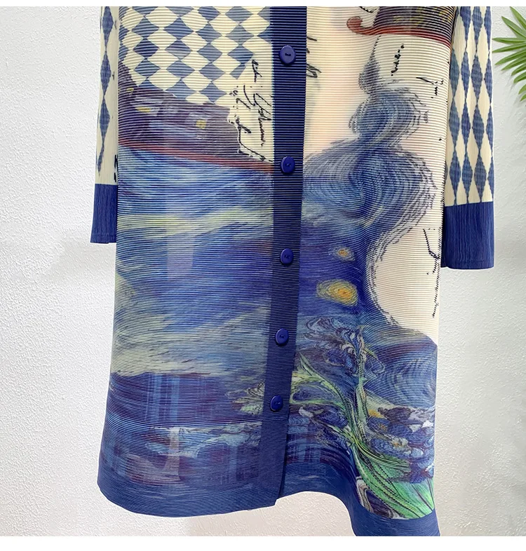 Plissiertes Kleid im Vintage-Stil mit Knopfleiste, langen Ärmeln, lockerer Passform, strukturiertem Stoff, elegantem japanischem Miyake-Stil – Detail 10