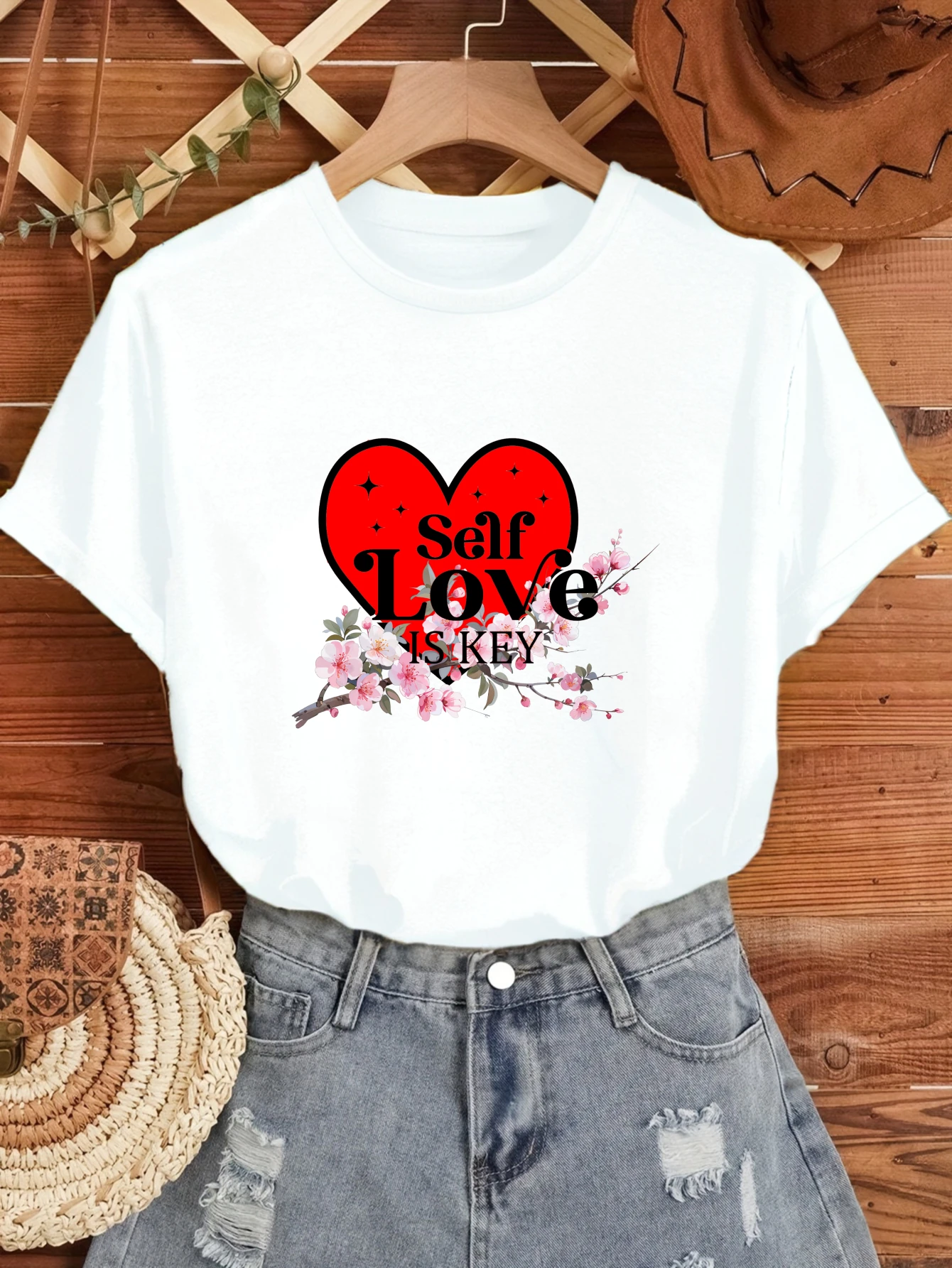 

Women's T-shirts Chinese style Halloween Vintage Casual 100% cotton Self Love Is Key printed tee Y2k four seasons