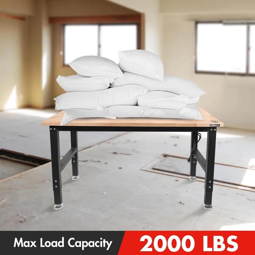 48 Inch Adjustable Workbench, Solid Rubber Wood Top, 2000 LBS Capacity