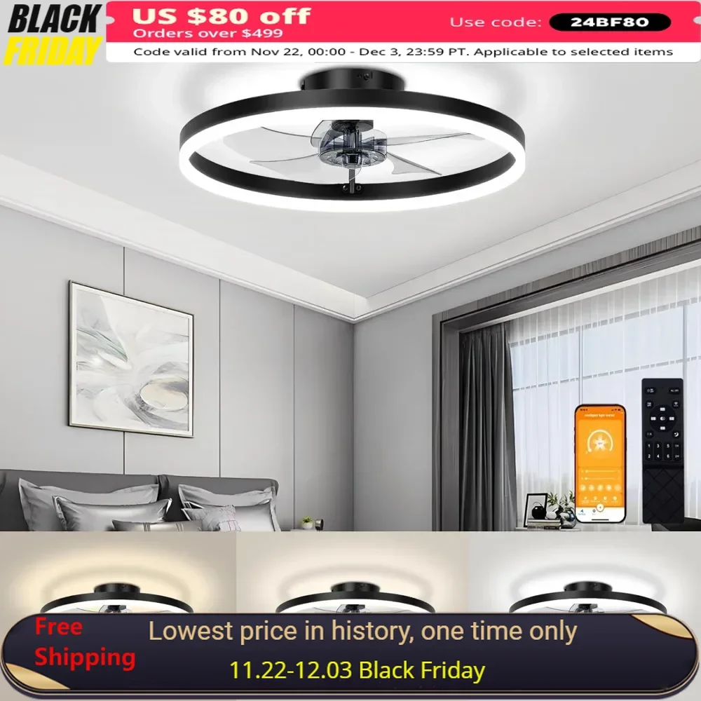 Ceiling Fans with Lights and Remote, 3000K-6500K Dimmable Bladeless LED Fan Light, Ceiling Fans