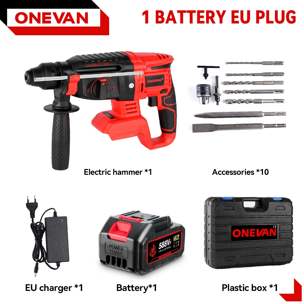ONEVAN 2000 W bürstenloser elektrischer Hammer, 4 Funktionen, drehbar, kabellos, wiederaufladbar, Schlagbohrmaschine, Werkzeug für Makita 18 V Akku-Stift