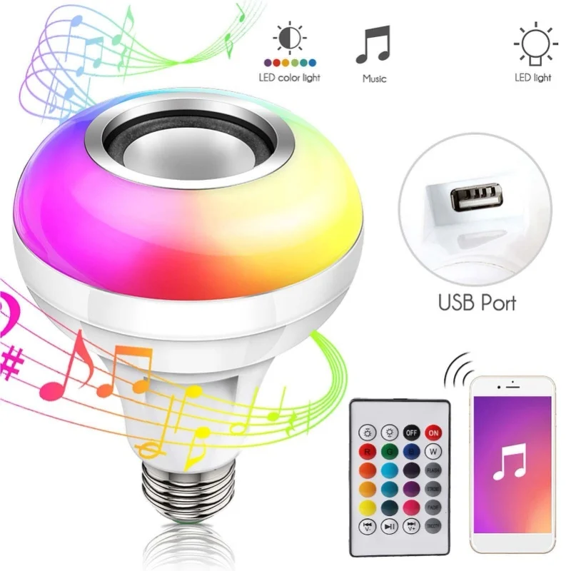 

Музыкальная лампа RGBW с Bluetooth, 24-клавишный пульт дистанционного управления, USB-карта (без карты), E26/27 AC