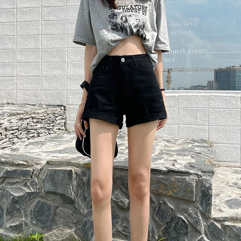 Novo verão feminino cintura alta botão wigh perna jeans shorts casual feminino solto azul denim shorts preto branco