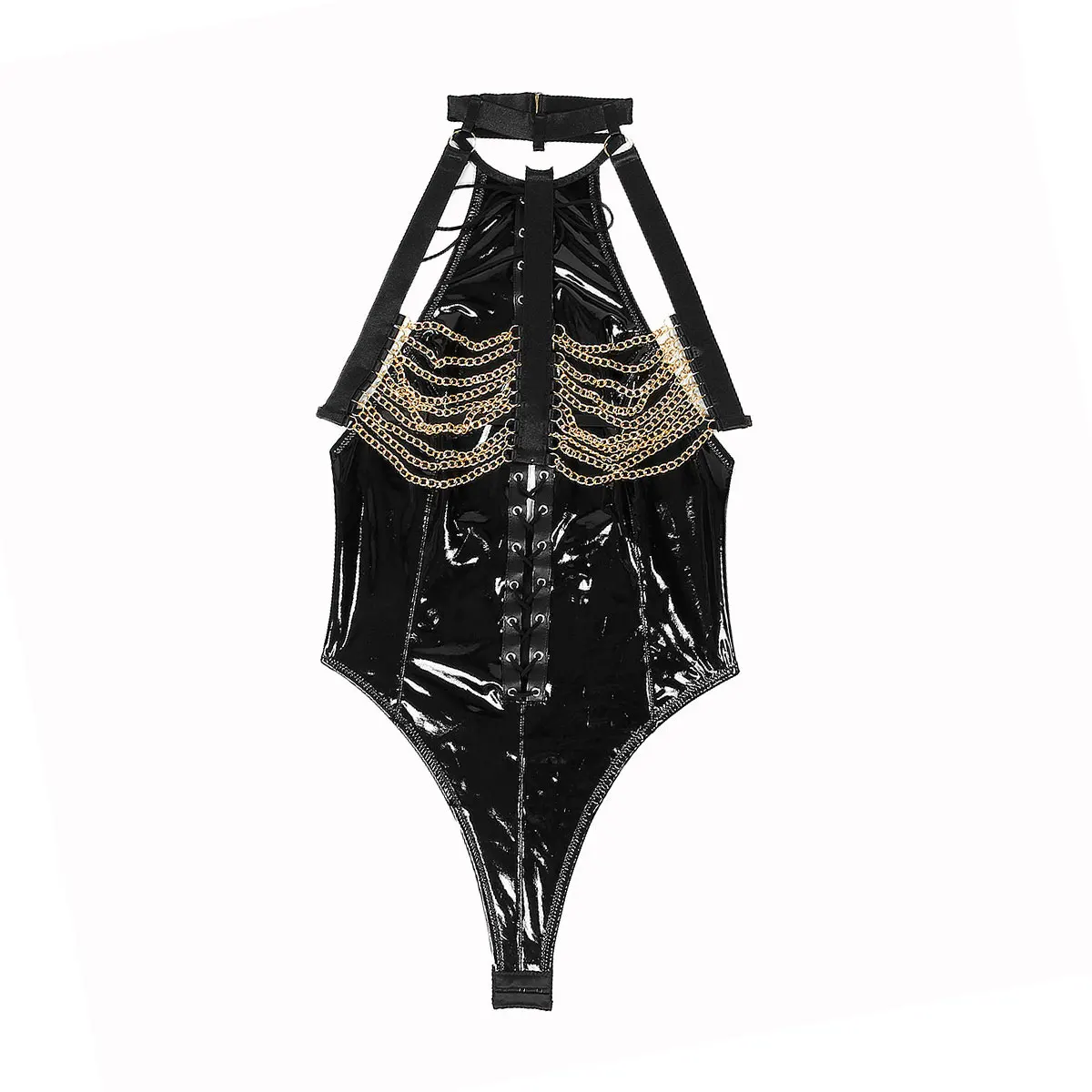 

Черный соблазнительный комплект из лакированной кожи с металлическими цепями: утягивающее белье и комбинезон для страстных игр