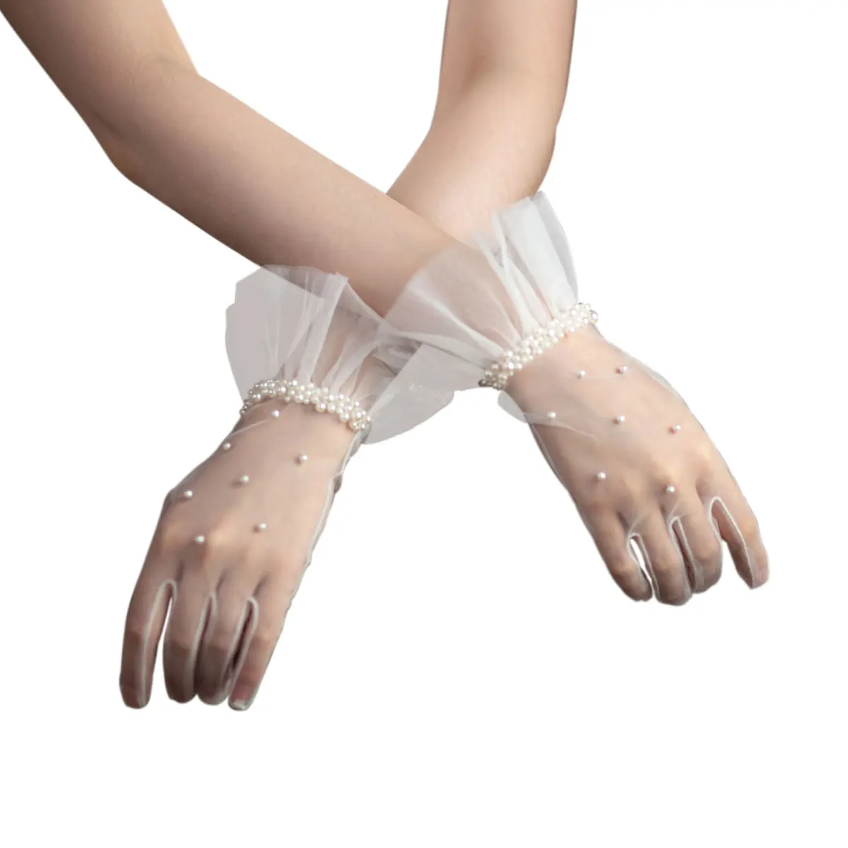 WG091 Wedding Bridal Gloves Tulle Ruffled Edge Pearls Beading White Short Wrist Brides Bridesmaid Finger Gloves