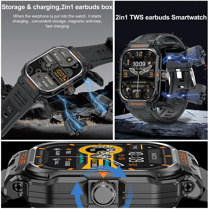 2025 2 in 1 스마트워치 이어버드 내장 TWS 블루투스 이어폰 심박수 혈압 측정 스포츠 피트니스 스마트워치 음악 시계 남성용