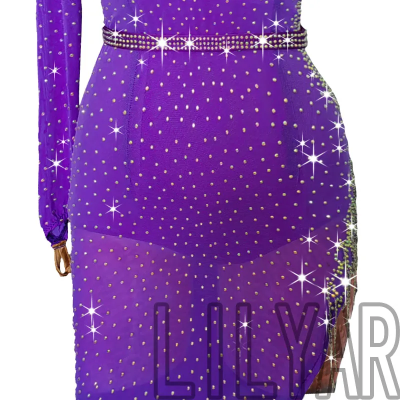 New Latin Dance, Latin Costumes, Competition, Performance Costumes. Purple Slim-Fit Sparkly Diamond Sexy Dance Dress