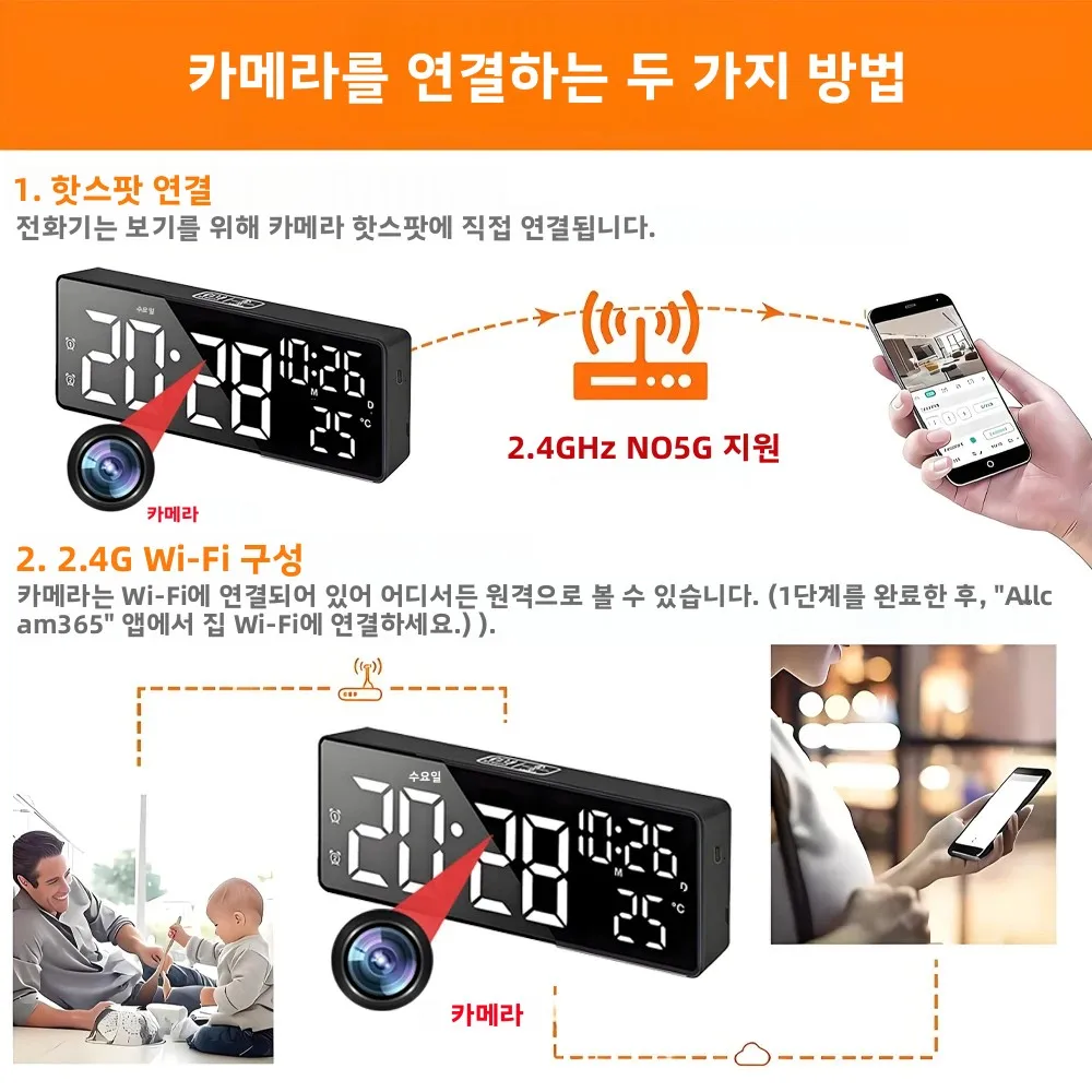 미니 4K HD 카메라, 원격 보기 지원, 동작 감지, 디지털 조명 끄기 가능, 알람 시계 기능 카메라