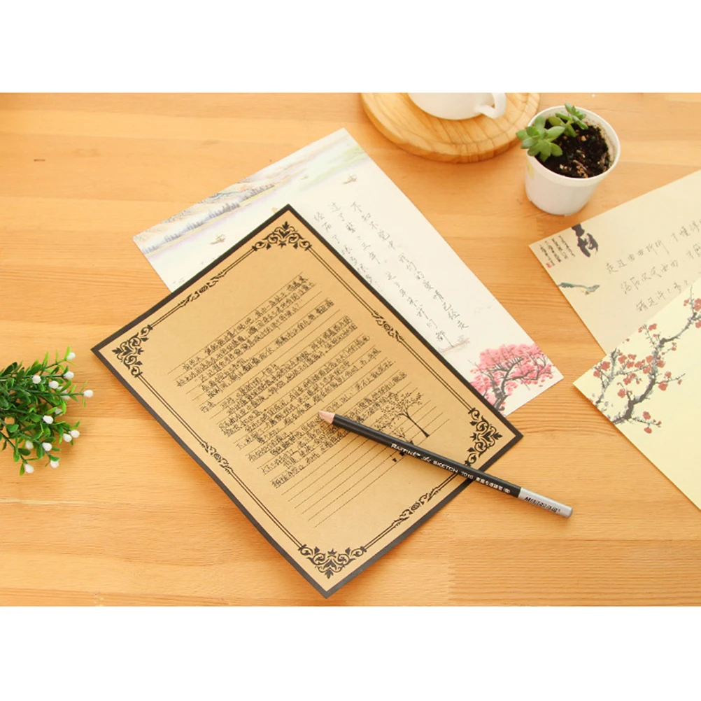 

8pcs Vintage Kraft Writing Paper Set Retro Letter Paper Stationery Smooth Premium Quality 2 Patterns For Note Taking