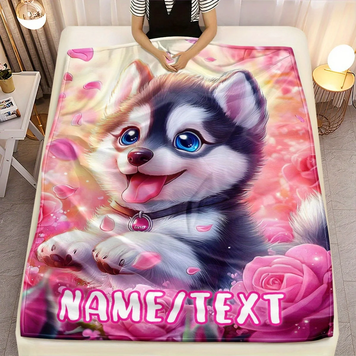 1pc Customizable Husky Portrait Blanket - Lightweight, Soft & Warm Flannel Throw with Vibrant Pink Roses & Hearts Design, Person
