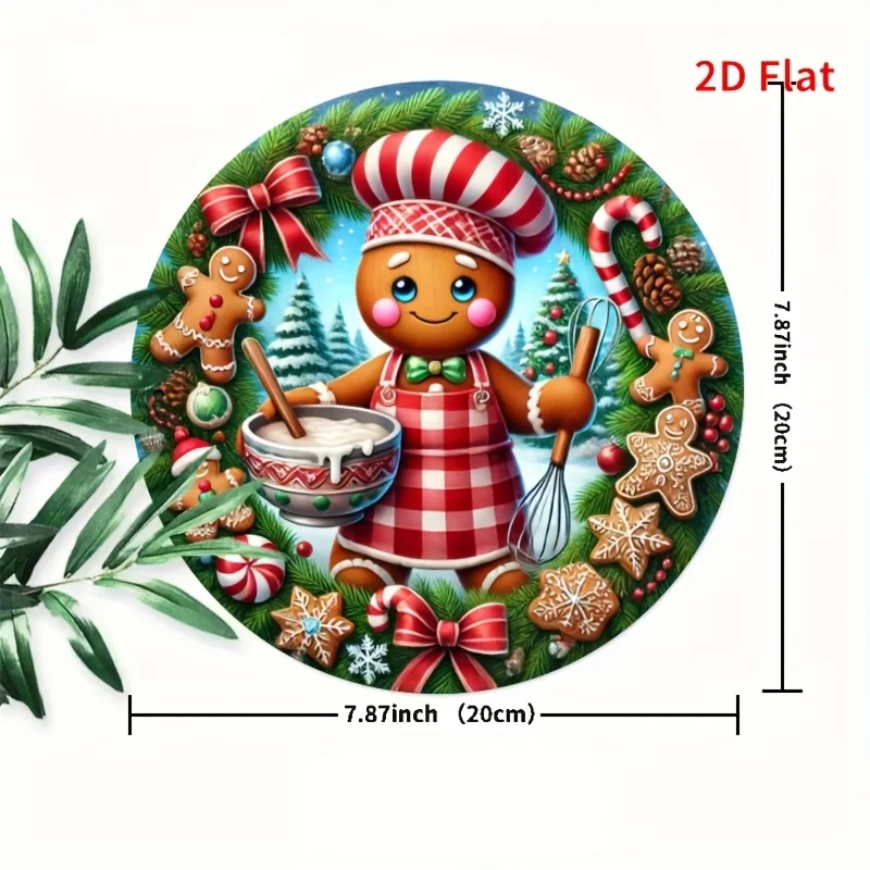 2D Flat Printed 1Pcs Tin Metal Sign Gingerbread Girl Christmas Wreath Decor Perfect For Room Wall Decoration