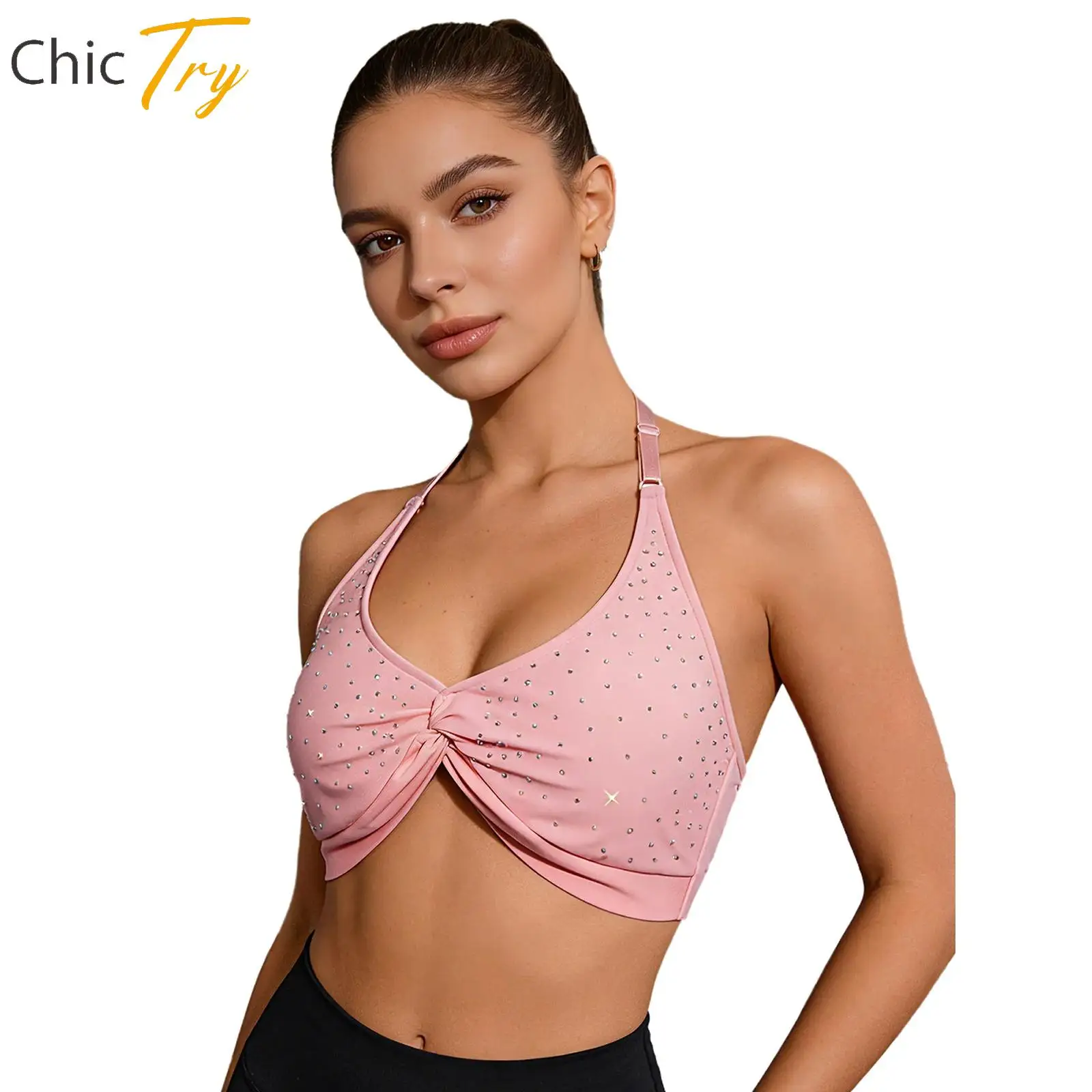 

Yoga Sports Bra Women Gym Top Adjustable Halter Deep V Bra Removable Padded Sports Bra Knot Front Rhinestones Workout Crop Top