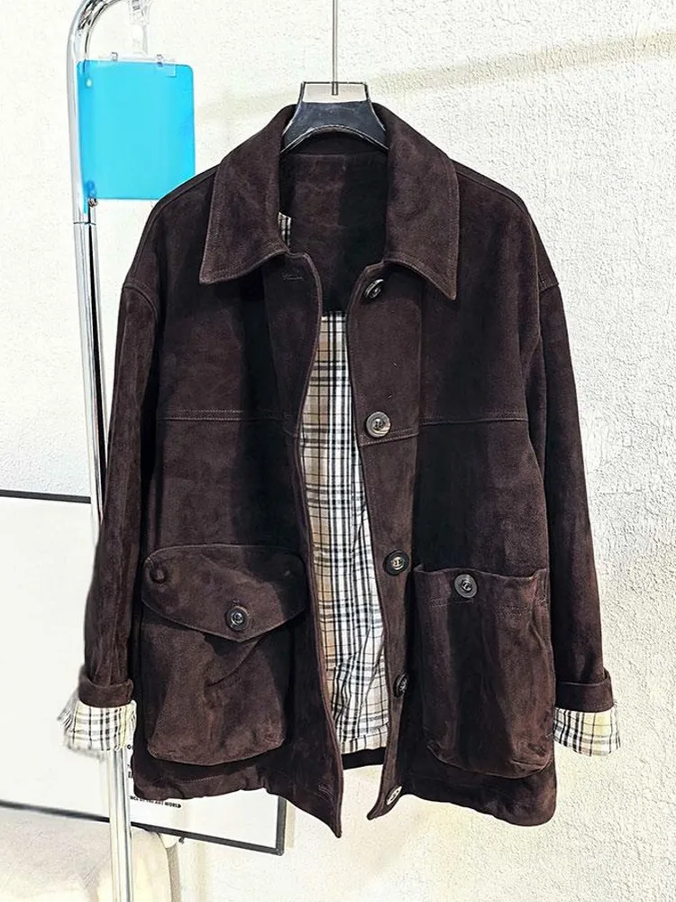 Autumn Women New Fashion Retro Real suede Short Coat Casual Single Breasted Turn Down Collar Long Sleeve Genuine Leather Jacket