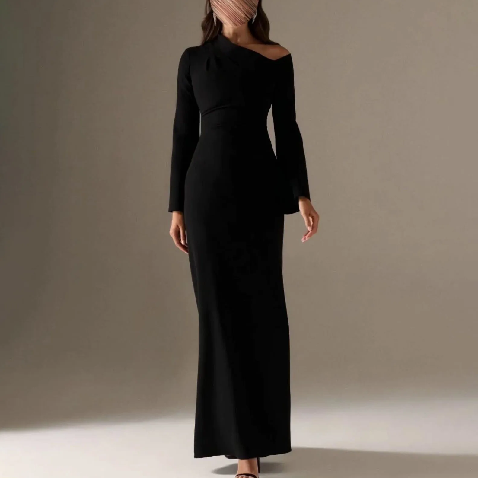 ROYET Black One Shoulder Long Sleeve Simple Elegant Evening Dress A Line Ankle Length Formal Prom Gown For Woman Customized 2025