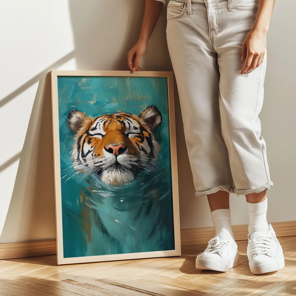 Tiger Wall Art Print – Digital Download Wildlife Painting - Majestic Tiger in Water Poster - Animal Art for Jungle Boho Home Dec