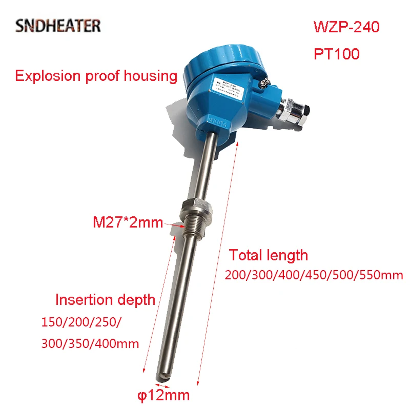 SNDHEATER PT100 Explosion-Proof Housing WZP-240 M27*2MM Thread Thermocouple Temperature Control Sensor Probe 200/300/400/500MM