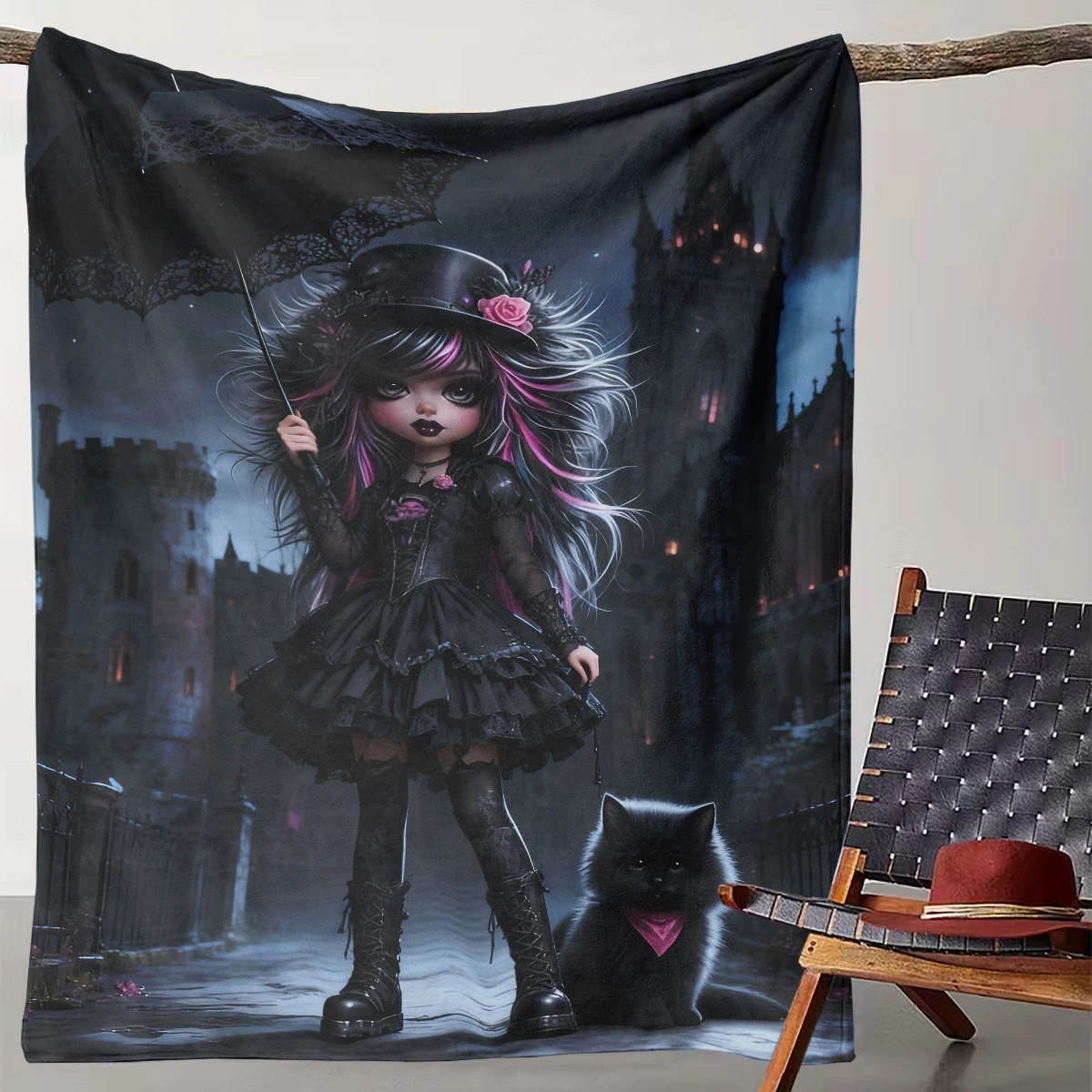 

1 Gothic Lolita Black Cat Castle Blanket Dark Sweet Cool Girl Style Throw Blanket Niche Personality Decorative Home Blanket