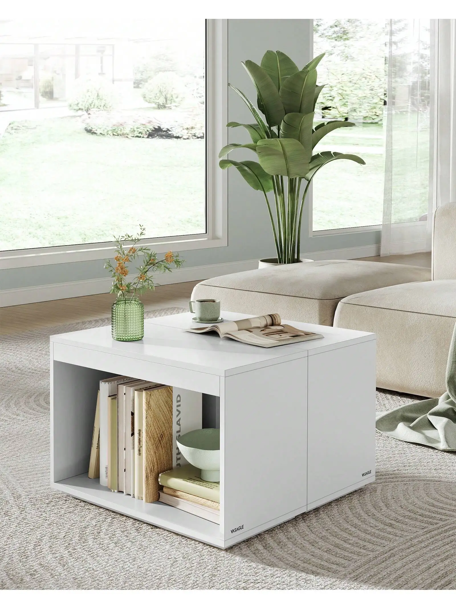 Tavolini VASAGLE, Set di 3 tavolini rettangolari modulari, stile moderno, con ripiano, per studio camera da letto soggiorno, bianco neve