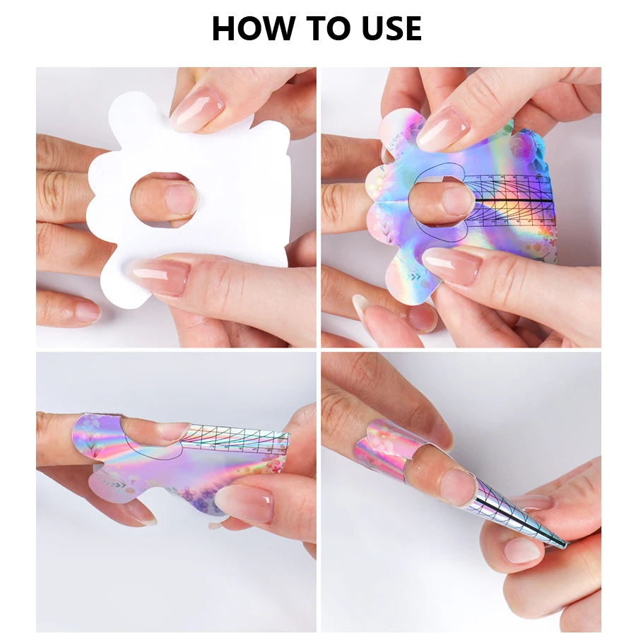 100 Stück Nagelkunstformen, französische Spitzen, Verlängerung, UV-Gel, selbstklebende Papierformen, Schablone für professionelle Nagelkünstler – Detail 7