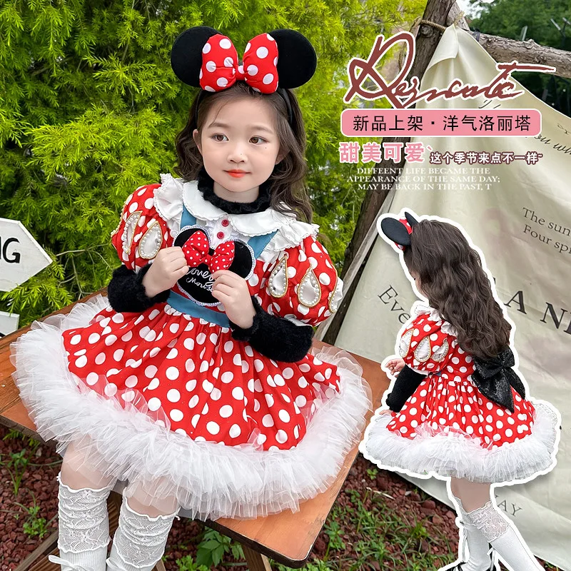 Lolita Dress Girls Autumn Winter Children'S Western-Style Polka-Dot Dress Performance Dress Princess Cos Minnie Dress Girl Gift