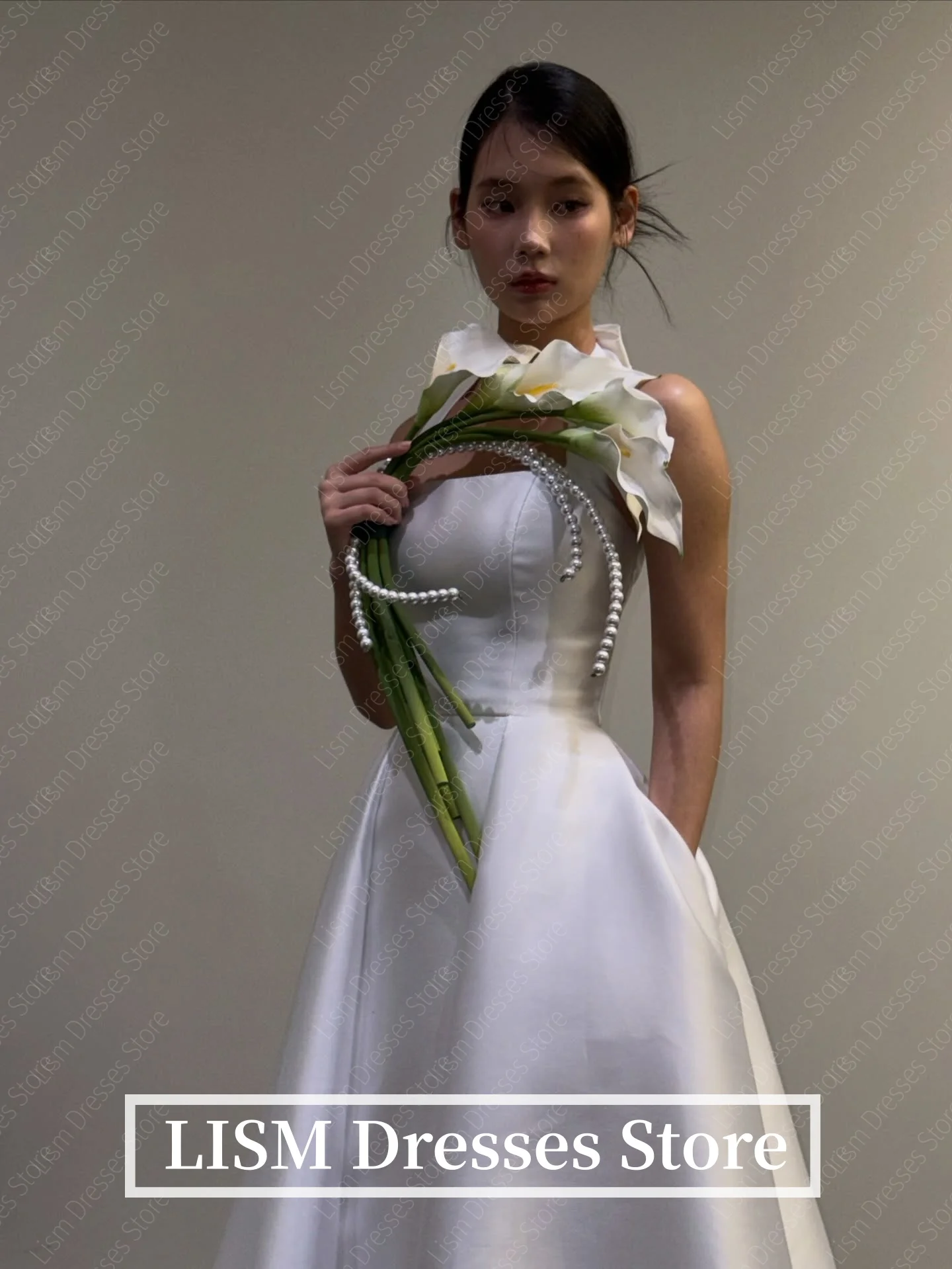 LISM Square Collar Halter A-Line Korea Wedding Dresses Silk Satin Elegant Long Bridal Gowns Customized Photo Shoot 웨딩드레스