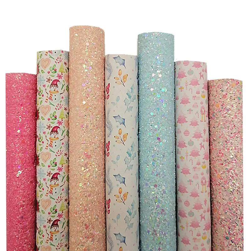 Mieszane kolory Chunky Glitter Leather Flowers Printed Fabric Vinyl Felt Backing Smooth Faux Leather Craft Bow Sheets Rolls Q1850