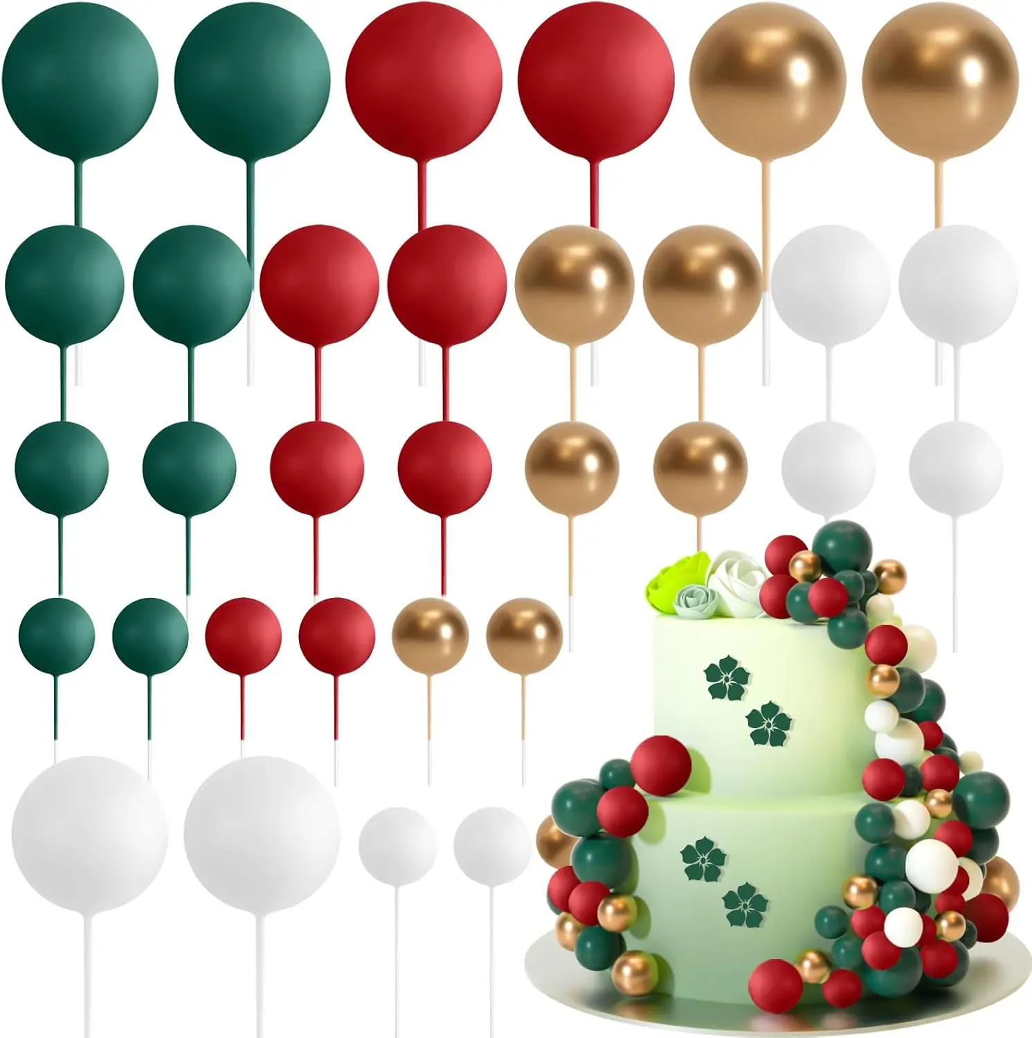 32 Stück Weihnachtskugel-Kuchenaufsatz, Dekorationen, Schaumstoffkugeln, Kuchenaufsatz, Kugeln, Kuchendekorationen für Hochzeit, Party, Geburtstag – Detail 1