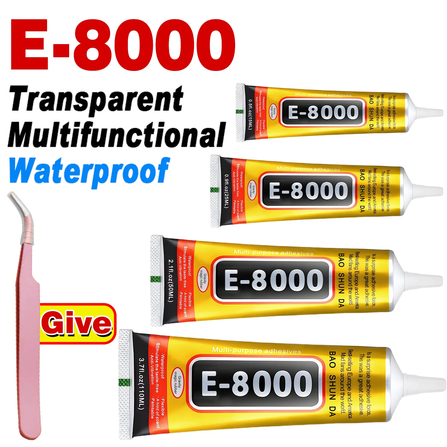 E8000 Adhesivo de reparación transparente para teléfonos móviles y tabletas, resistente al agua, adhesivo líquido multifuncional fuerte E8000 Aplicador de precisión Adhesivo elástico Incluye pinzas de precisión.