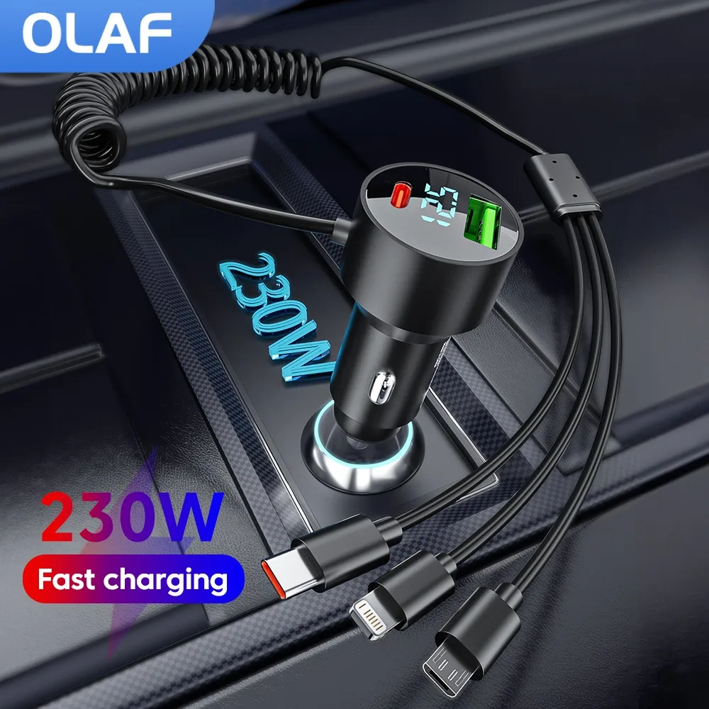 230W Car Charger With 3 in 1 Fast Charging Retractable Spring Cable PD Type C QC3.0 USB C Car Phone Charger For Samsung iphone