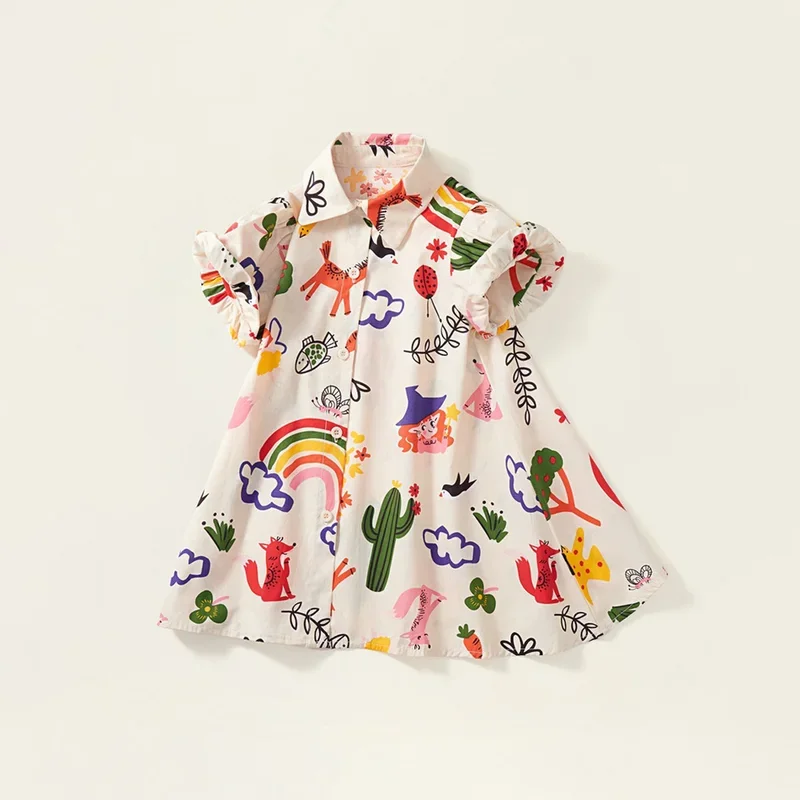 

FC62-8 Years Girls Skirt Kids Lapel Doodles Clothes Children Summer School Costume Baby Fox T Shirt Dress Rainbow Casual Dr@FC8！