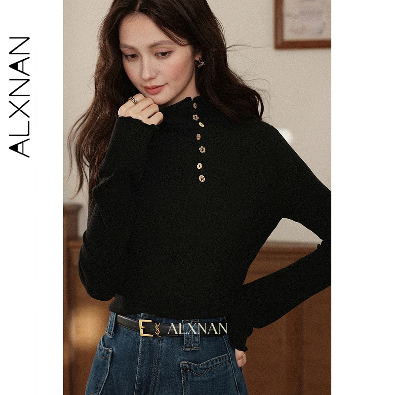 

ALXNAN женская футболка с длинными рукавами, новинка 2025, осенняя водолазка с внутренней подкладкой и пуговицами, тонкий универсальный пуловер L57528-1