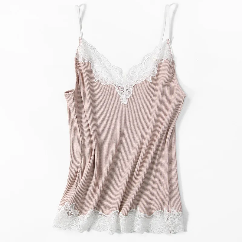 BirdTree, 30% Natural Silk 70% Cotton Elegant Sling, Women V Neck Lace, Sext Thin Bottom Tank Tops, 2024 Summer Autumn P48572QC