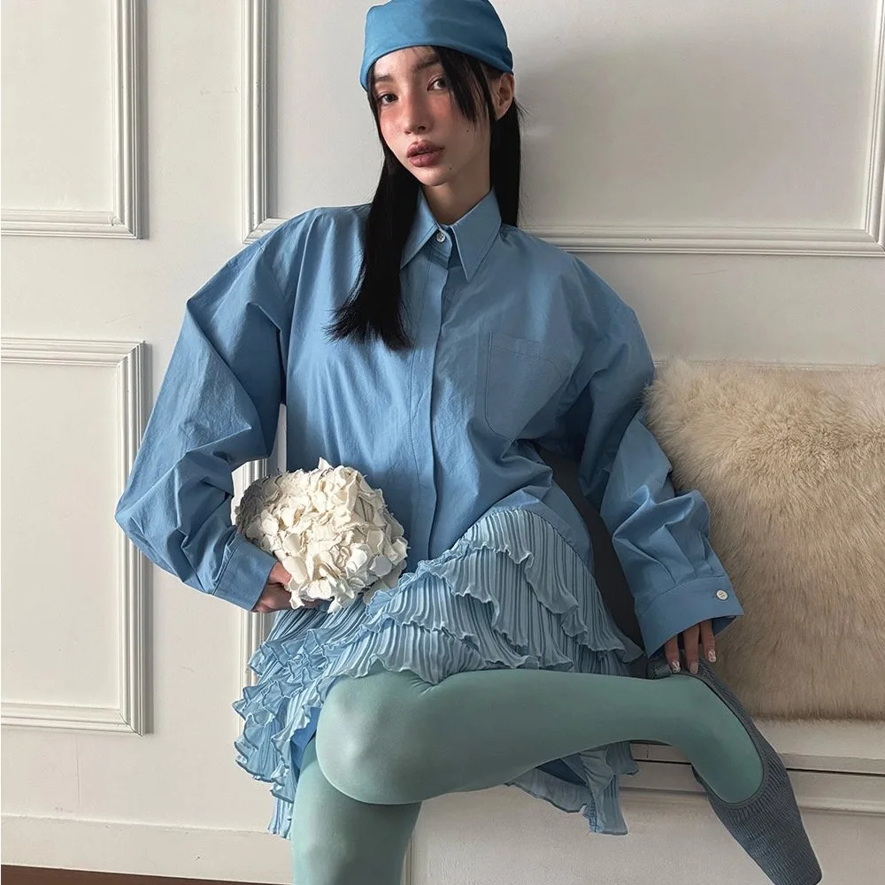 Outono feminino coreano dongdaemun nicho design sentido, cor contrastante emenda bolo camisa vestido