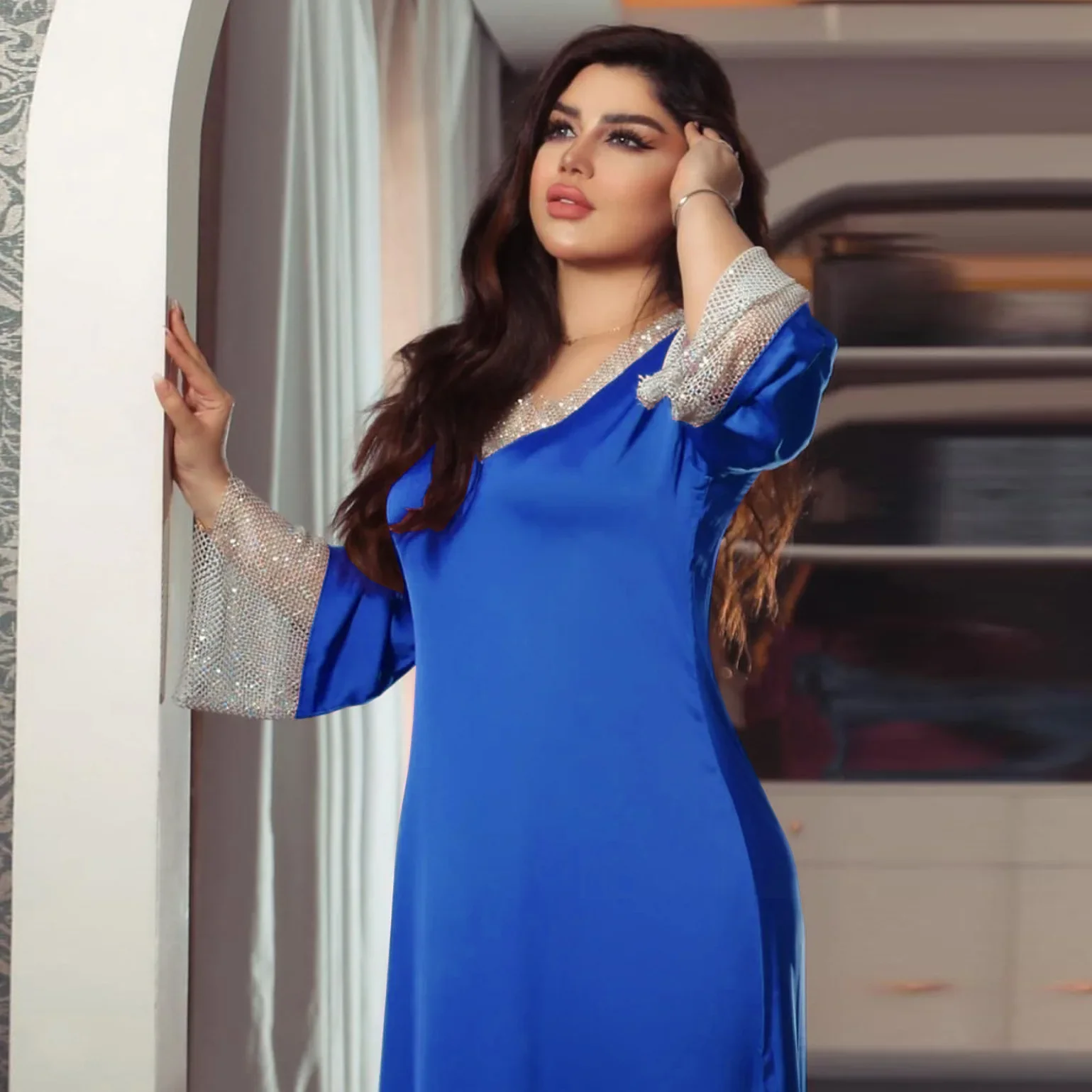 Satin Pailletten Voller Diamant Mesh Einfarbig Dubai Türkei Nahen Osten Langes Kleid Muslimische Frauen Hohe Taille Lose