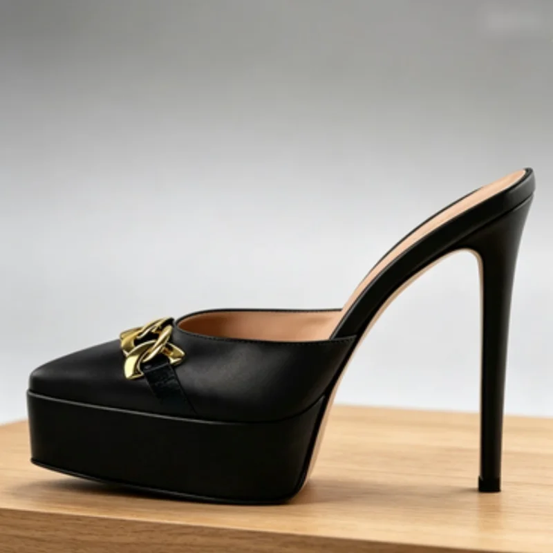 

Stylish Black Matte Platform Mules for Women Gold Chain Pointed Toe Slip-on Stiletto High Heeled Women Slippers Casual Summer
