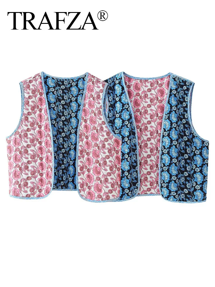 

TRAFZA Autumn Female Elegant Flower Printed Sleeveless V-Neck Vest Women's Reversible Cotton Vest High Streetwear Tops Mujer