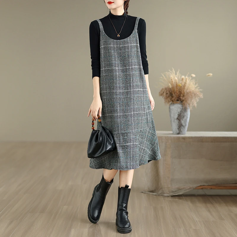 Autumn Winter New Plaid Wool Skirt Vest Dress Slimming plus Size Mid-Length Thin Casual round Neck A-Line Dress for Ladies