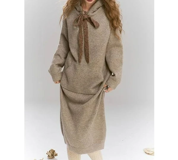 

Hooded Knitted Hoodie Dress 2025 Winter New Style Straight Tube Inner Middle Length Skirt