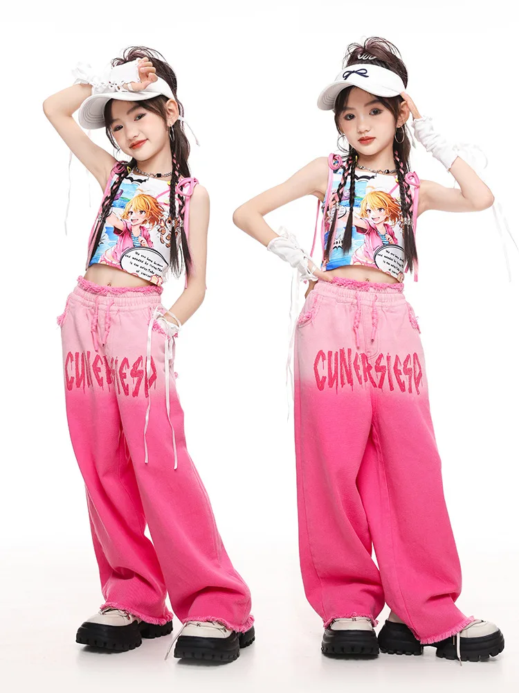Abbigliamento hip-hop Kpop carino per bambini Canotta corta in pizzo con stampa bianca Pantaloni con orlo grezzo sfumato rosa per abiti da ballo di strada per ragazza