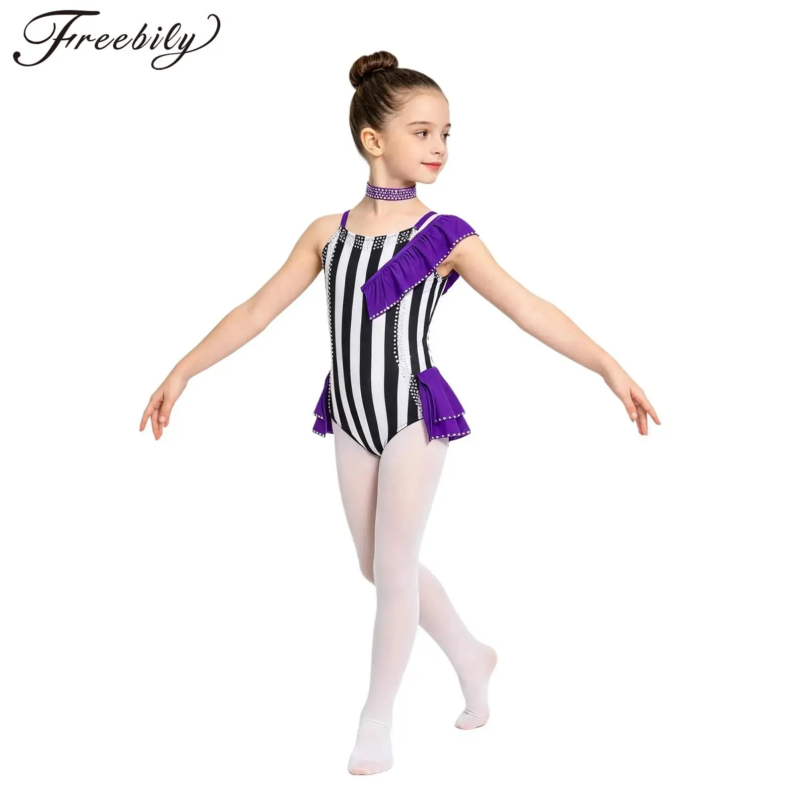 Kids Girls Circus Ringmaster Performance Costume Shiny Rhinestones Striped Ballet Dance Skating Gymnastics Leotard with Choker