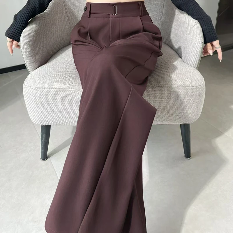 2024 New High Waist Button Suit Wide Leg Women's Full Pants Spring Autumn Red Female Elegant Minimalism Straight Loose Trousers